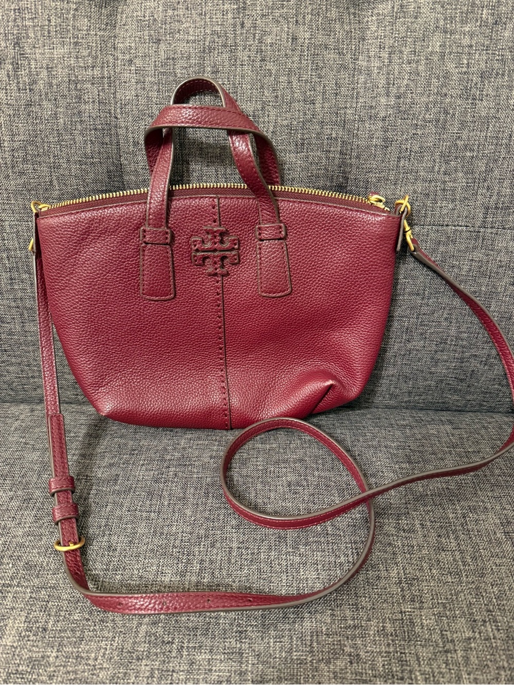 Tory Burch Small Pebbled Leather Satchel in Wine with Gold Hardware